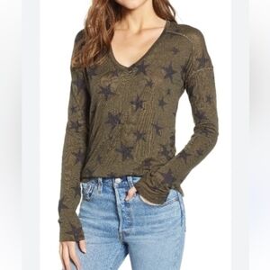 Women’s Rails Sami Sage Green Black Star Print Linen V-Neck Long-Sleeve  XL